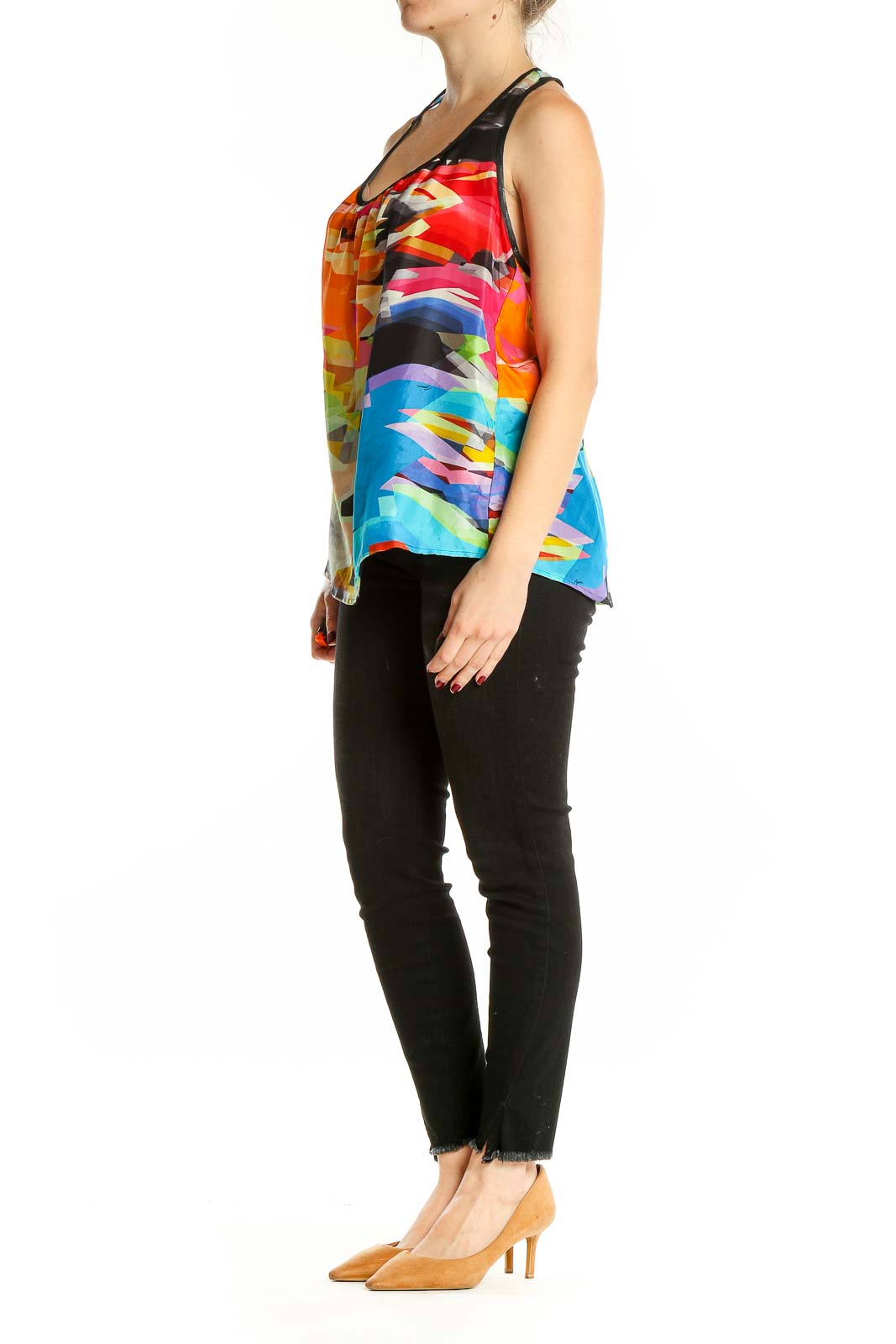 Front view of Trina Turk multicolor abstract print silk tank top