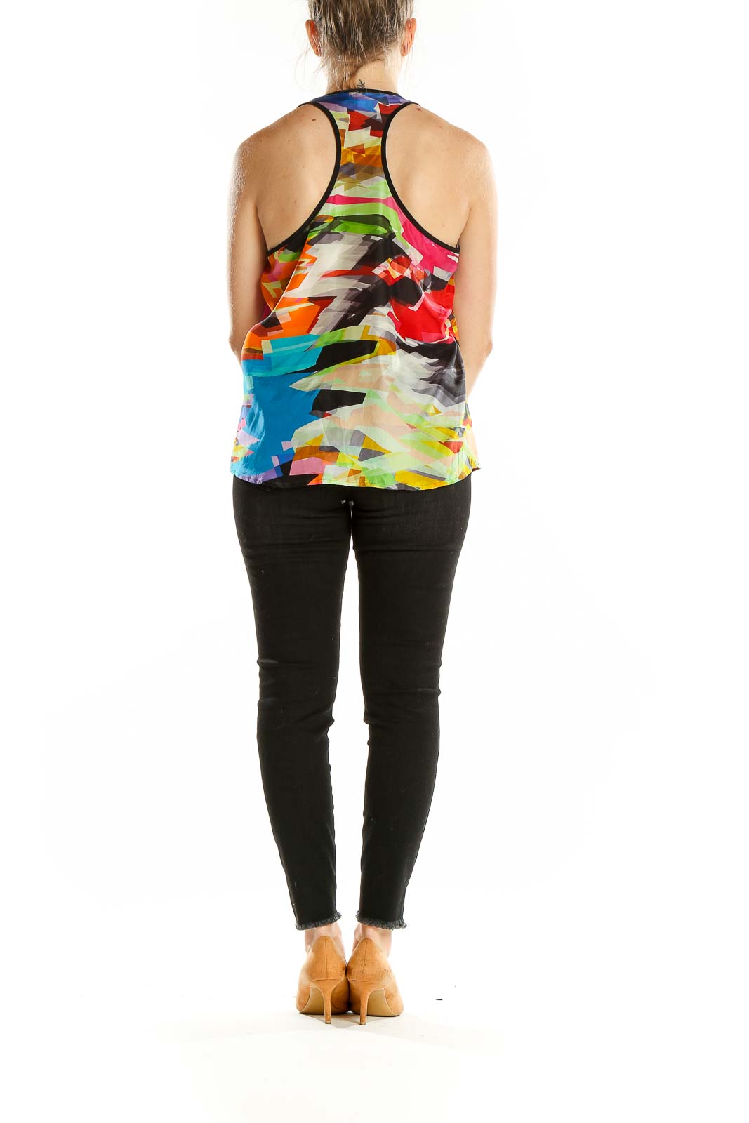 Back view of Trina Turk multicolor abstract print silk tank top with racerback design