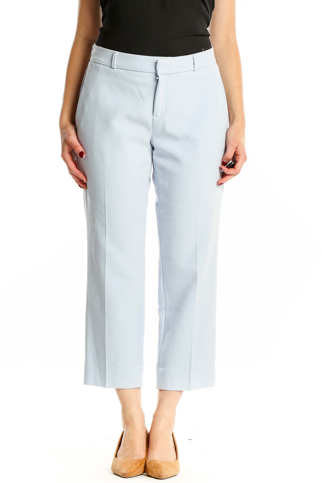 Front view of light blue cropped dress pants from Banana Republic