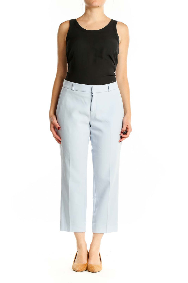 Front view of light blue cropped dress pants from Banana Republic