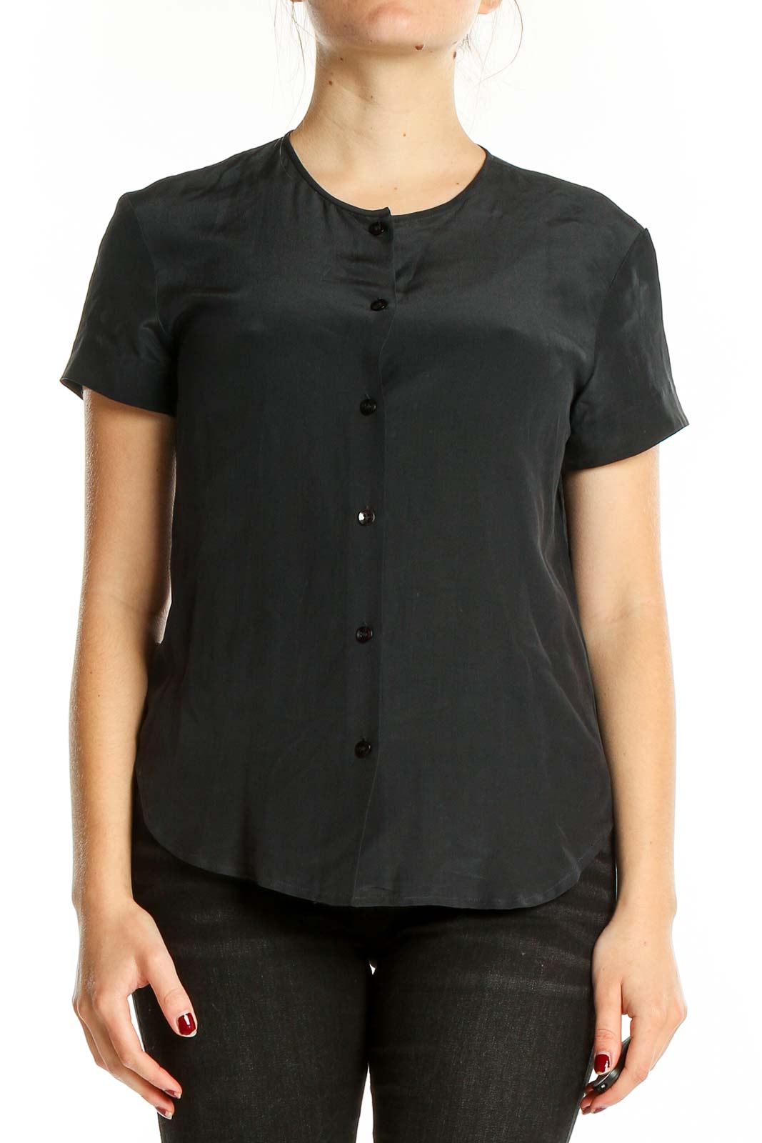 Front view of Jones New York black silk button-up short sleeve blouse