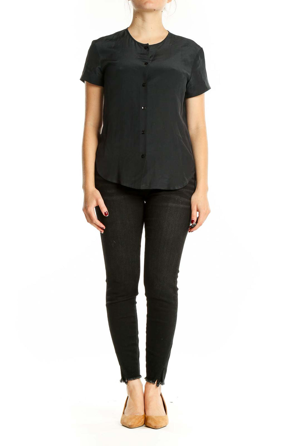 Front view of Jones New York black silk button-up short sleeve blouse