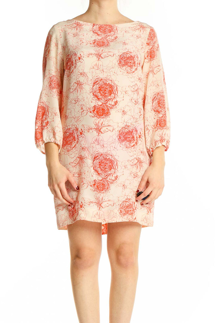 Beige Red Floral Print Silk Dress