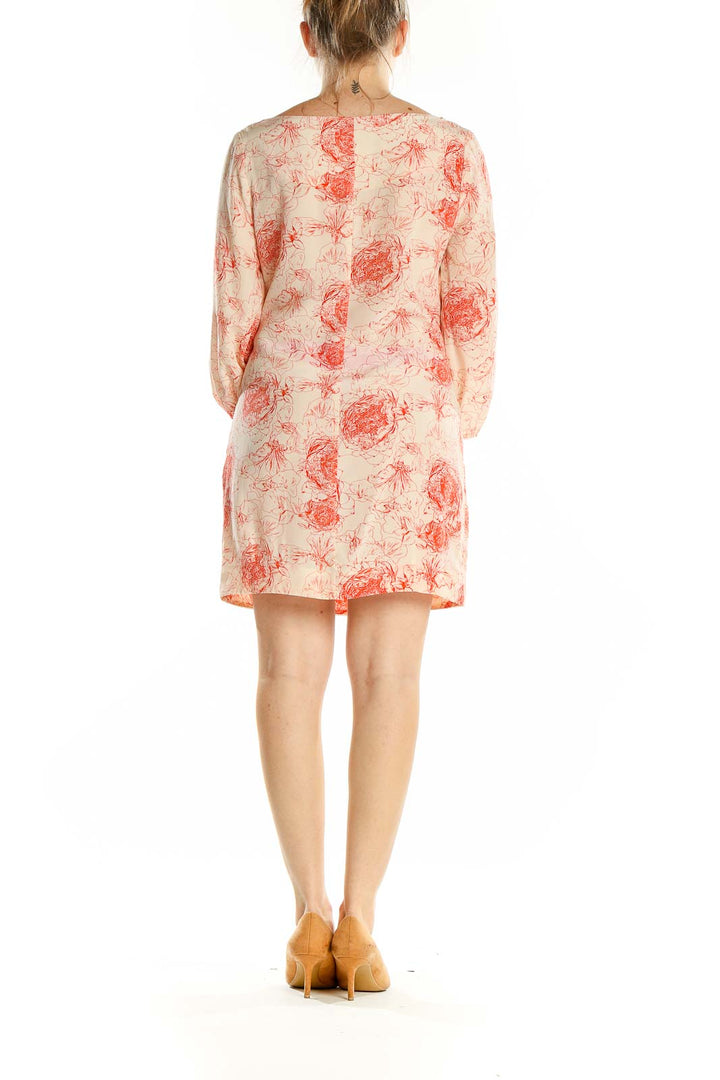 Beige Red Floral Print Silk Dress