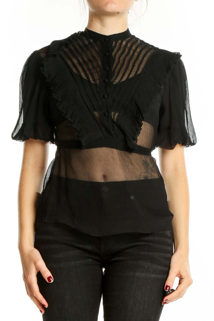 Front view of BCBG MaxAzria black sheer crop top with puff sleeves and striped detailing