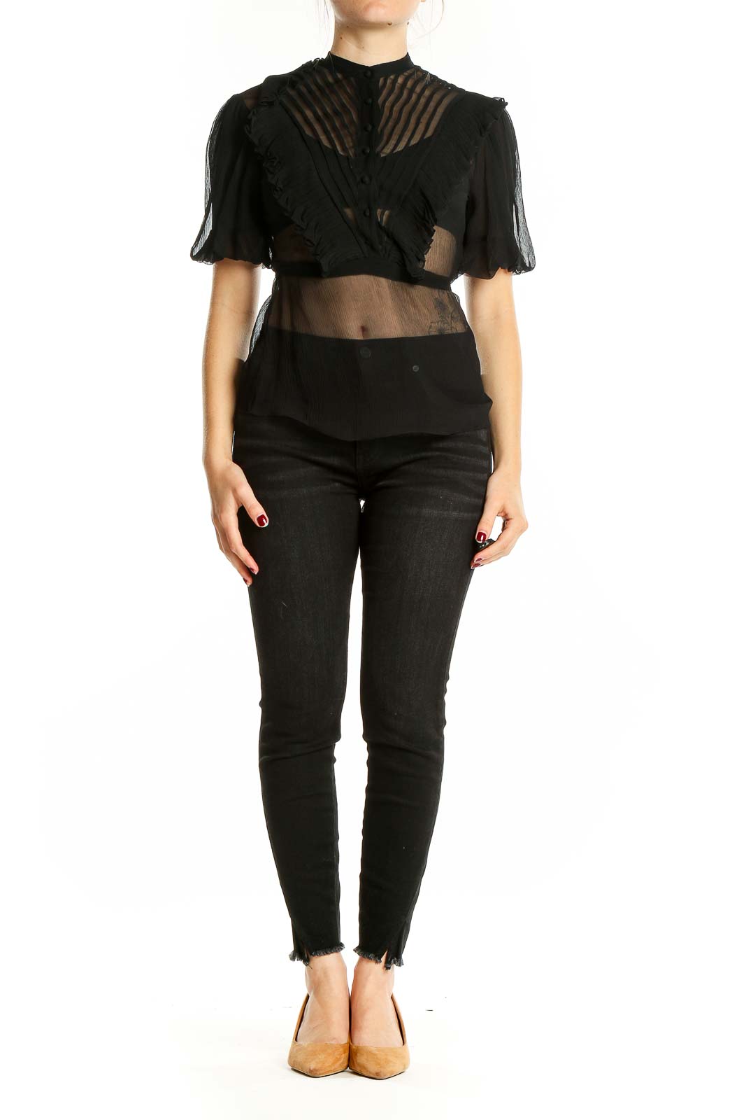 Front view of BCBG MaxAzria black sheer crop top with puff sleeves and striped detailing