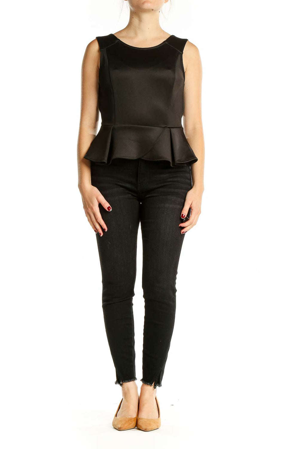 Front view of BCBGeneration black sleeveless peplum top