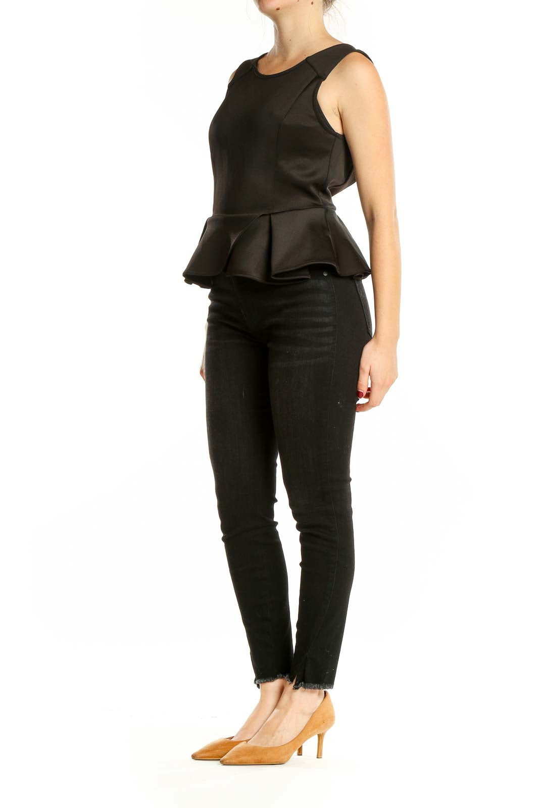 Front view of BCBGeneration black sleeveless peplum top