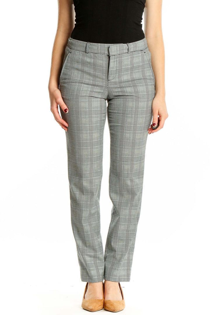 Front view of Banana Republic gray plaid straight-leg trousers