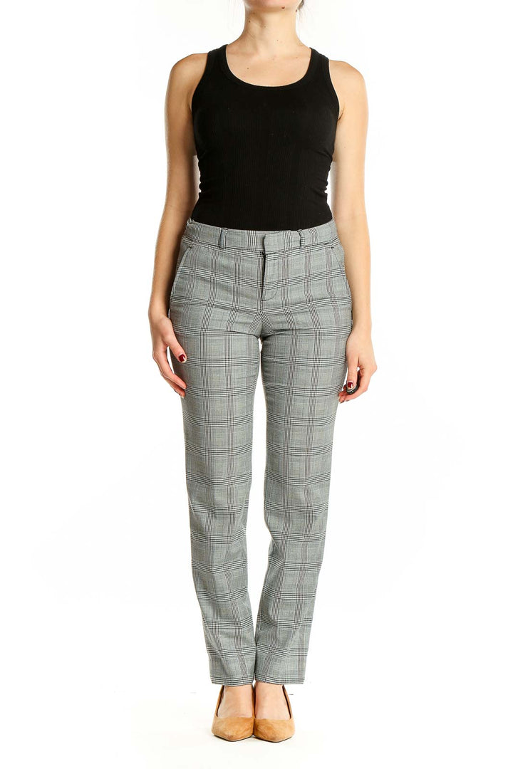 Front view of Banana Republic gray plaid straight-leg trousers