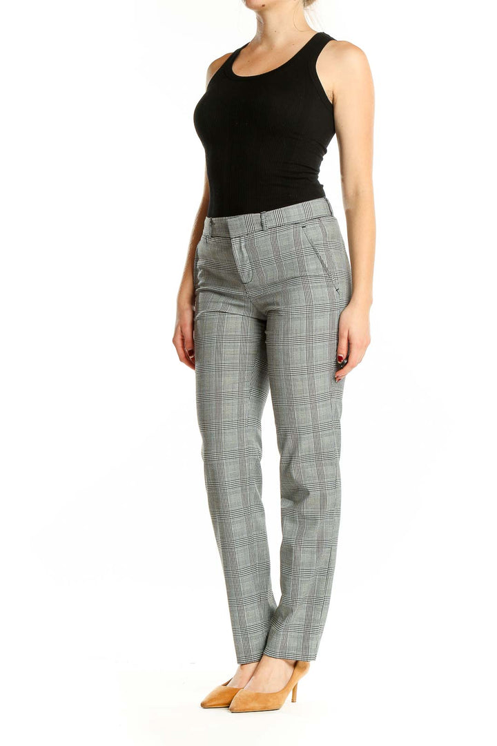 Front view of Banana Republic gray plaid straight-leg trousers