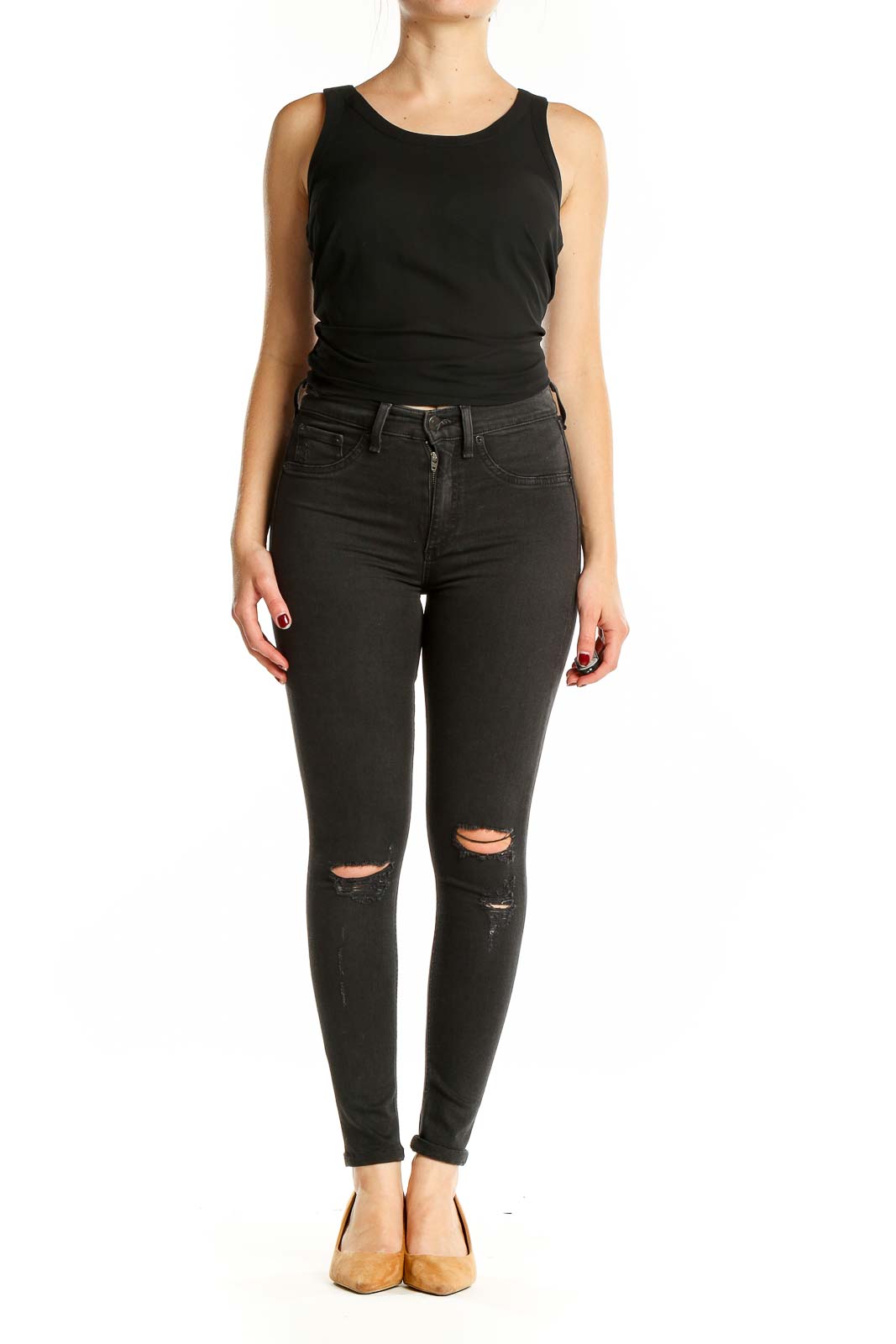 Front view of Rag & Bone black distressed high-waisted skinny jeans