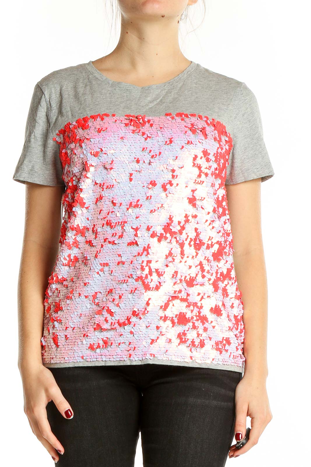 DKNY gray t-shirt with pink and red floral sequin embellishment, front view