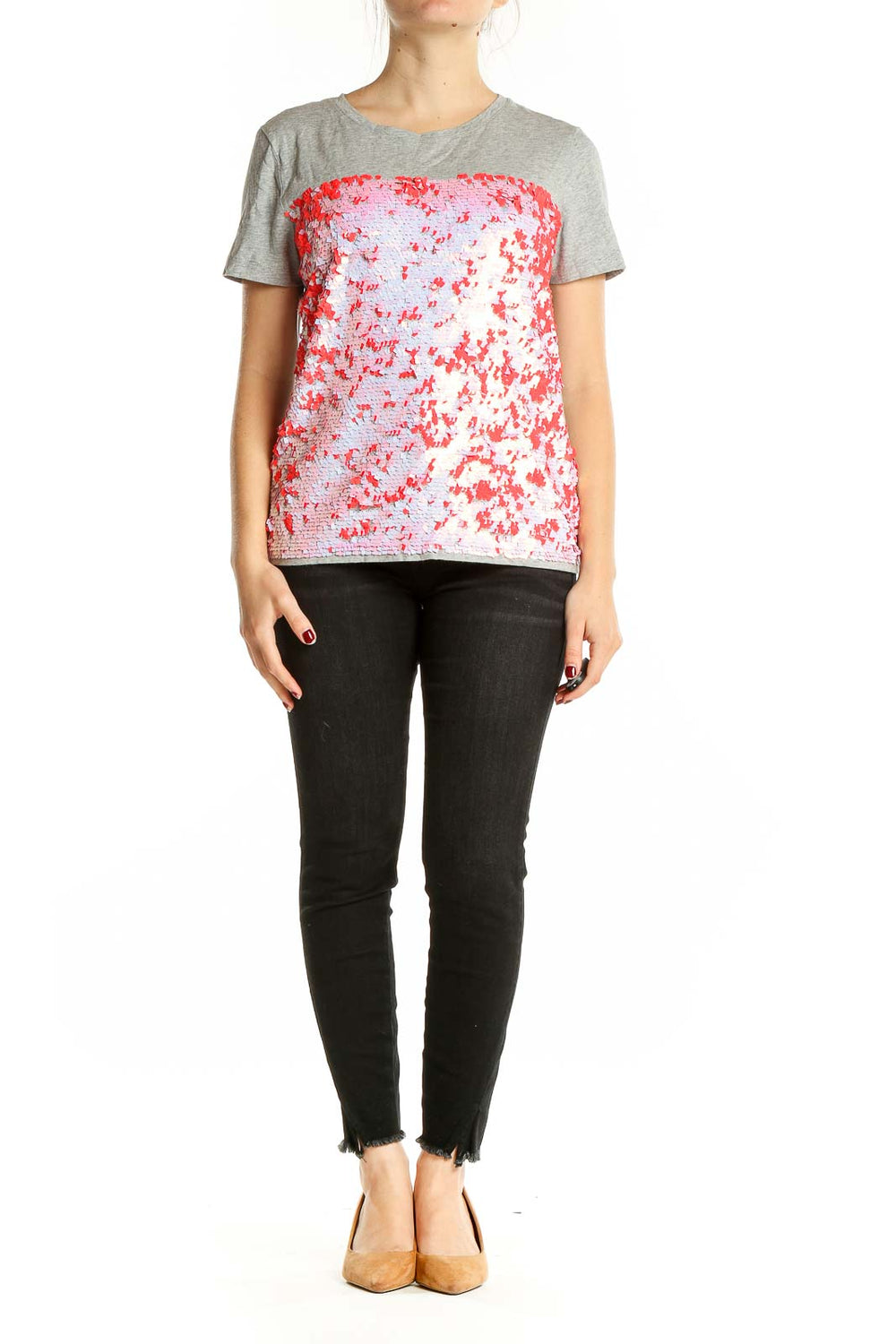 DKNY gray t-shirt with pink and red floral sequin embellishment, front view