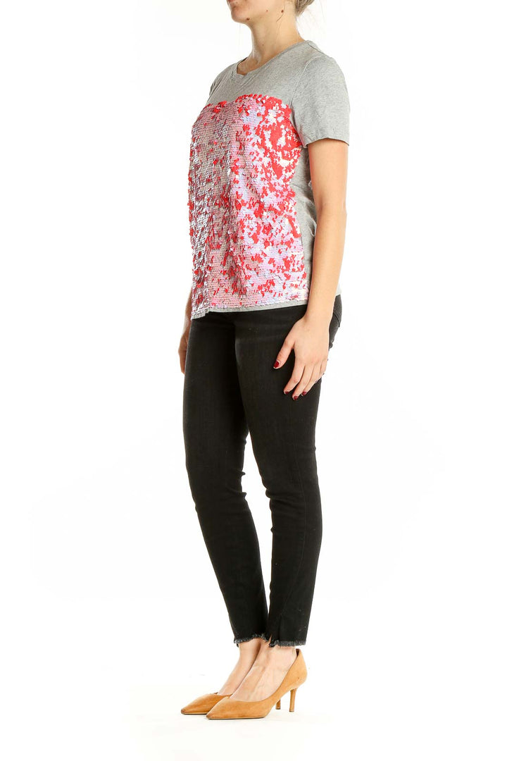 DKNY gray t-shirt with pink and red floral sequin embellishment, front view