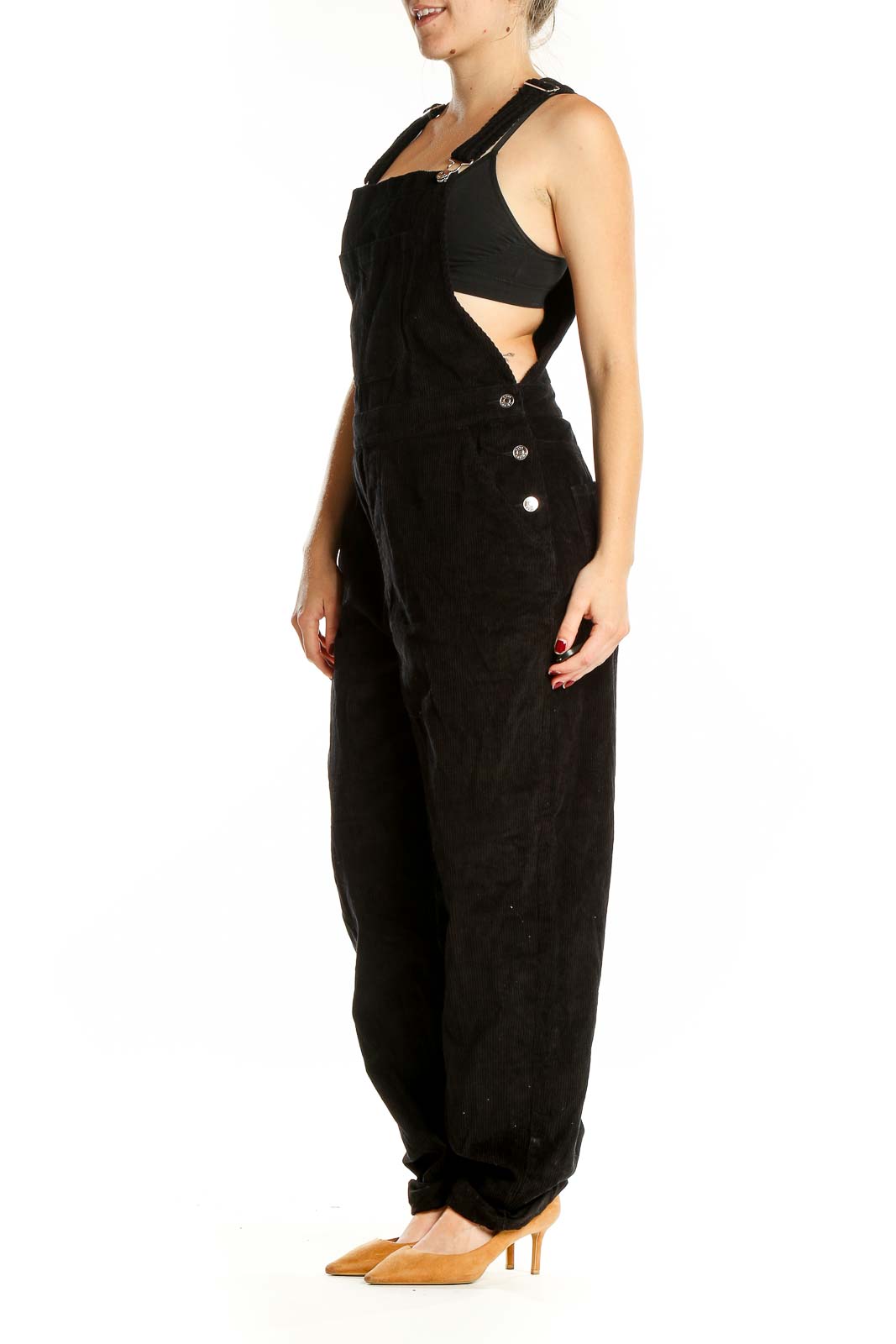 Front view of ASOS black overalls jumpsuit with wide legs and adjustable straps