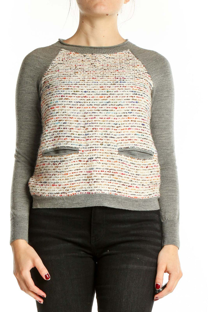 Gray Crewneck Tweed Knit Top