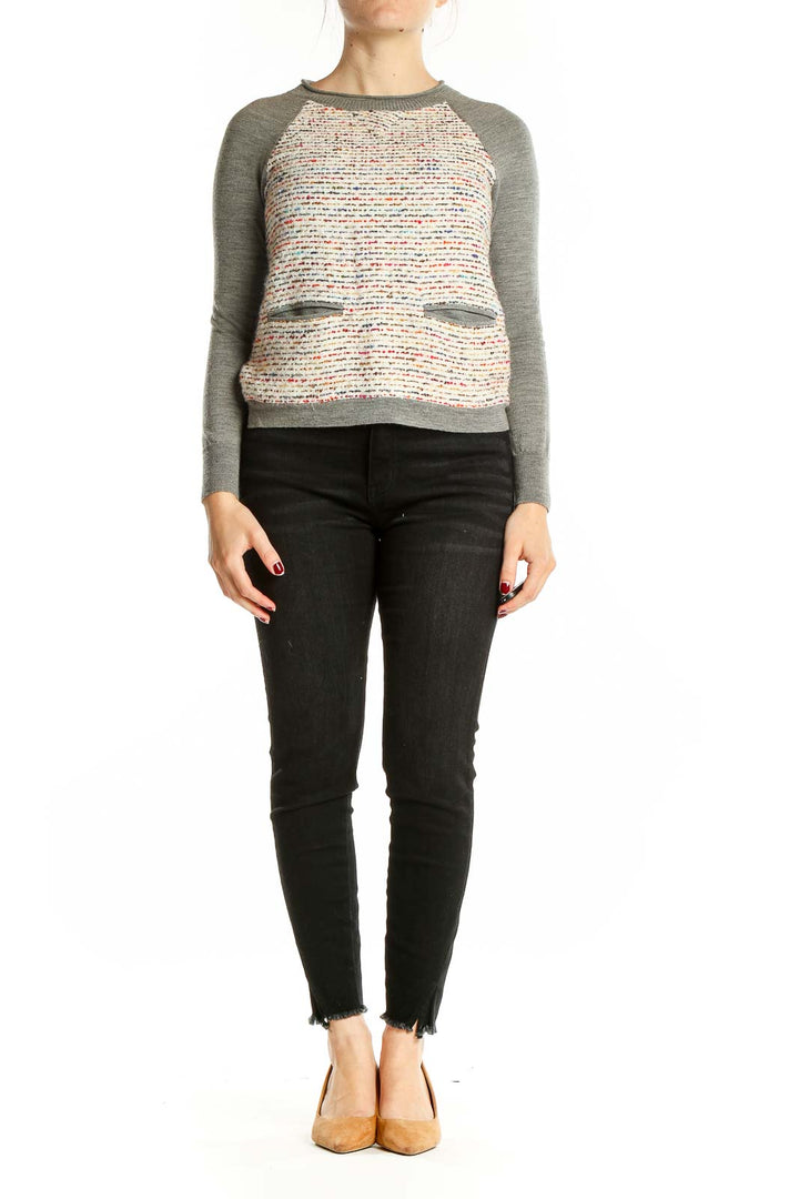 Gray Crewneck Tweed Knit Top