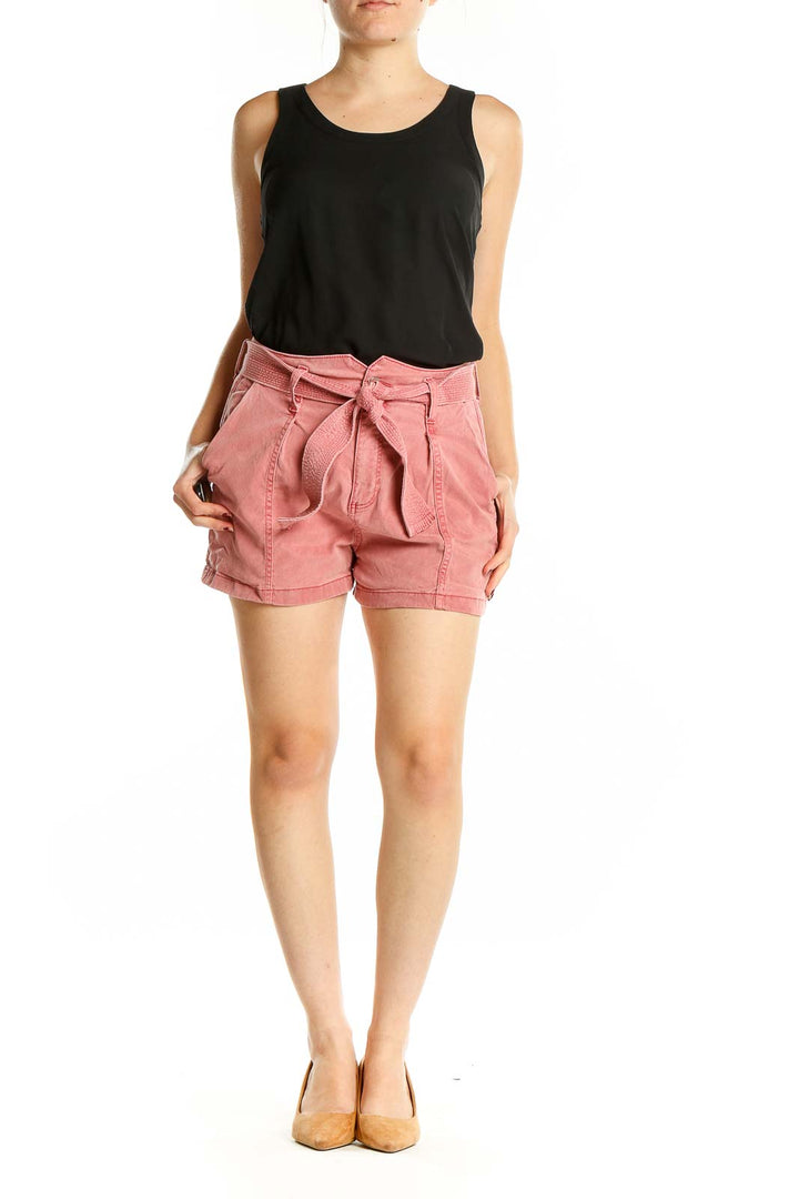 Front view of pink belted Paige shorts with tie-waist detail