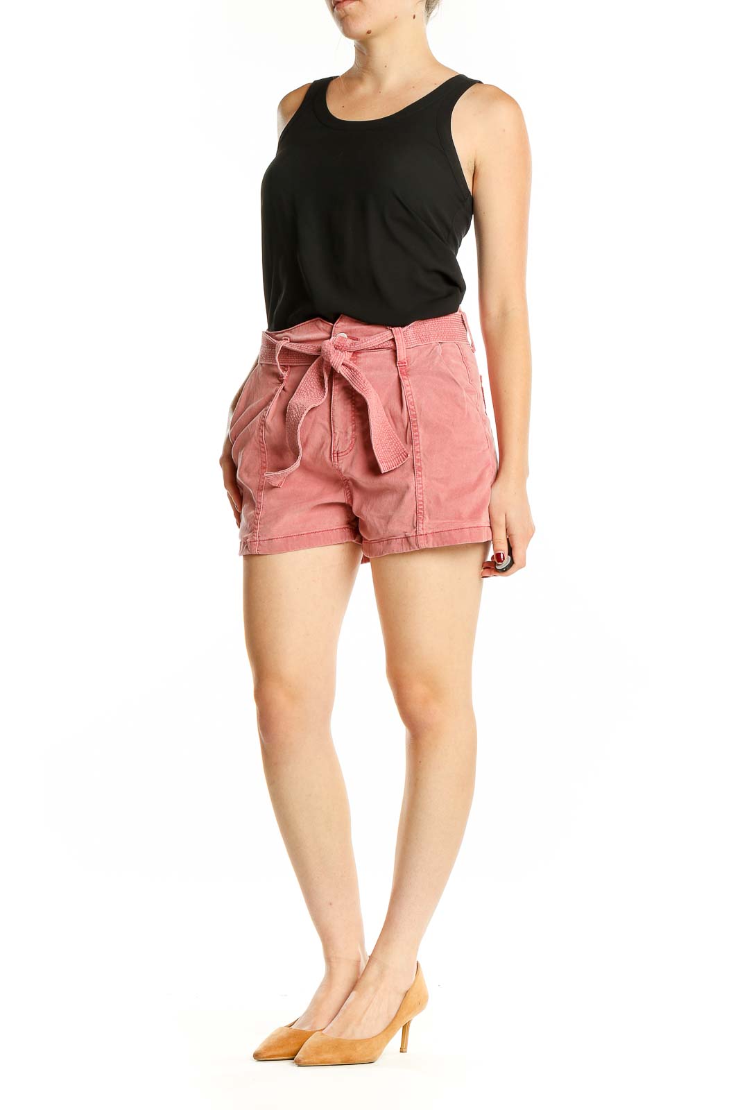 Front view of pink belted Paige shorts with tie-waist detail