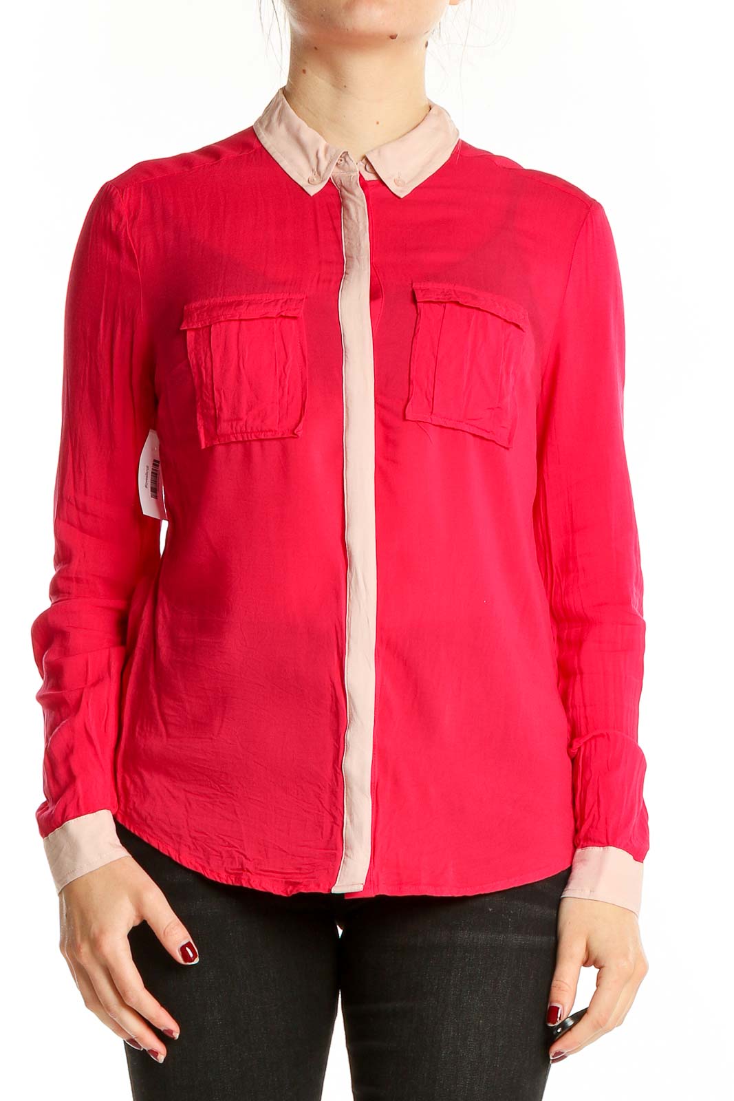 Front view of red Maeve rayon blouse with contrasting collar