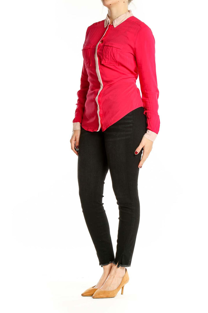 Front view of red Maeve rayon blouse with contrasting collar