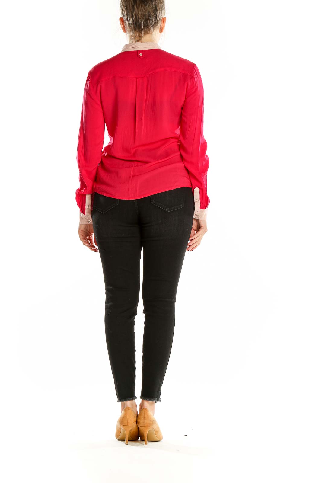 Back view of red Maeve rayon blouse showing relaxed fit