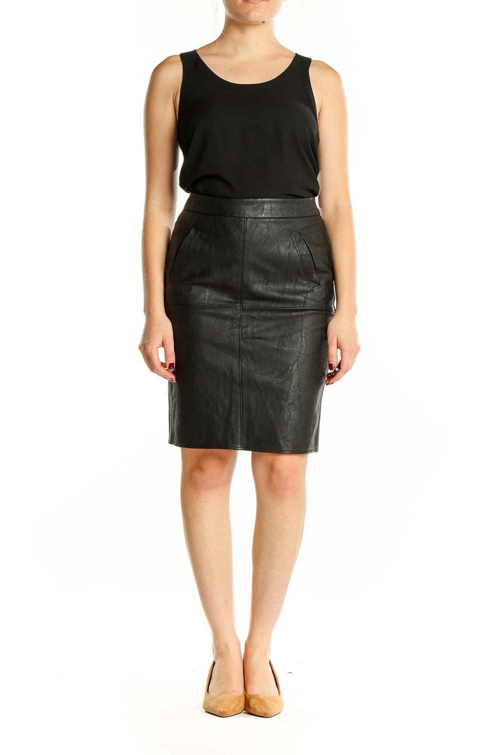 Front view of Cabi black leather pencil skirt with side pockets