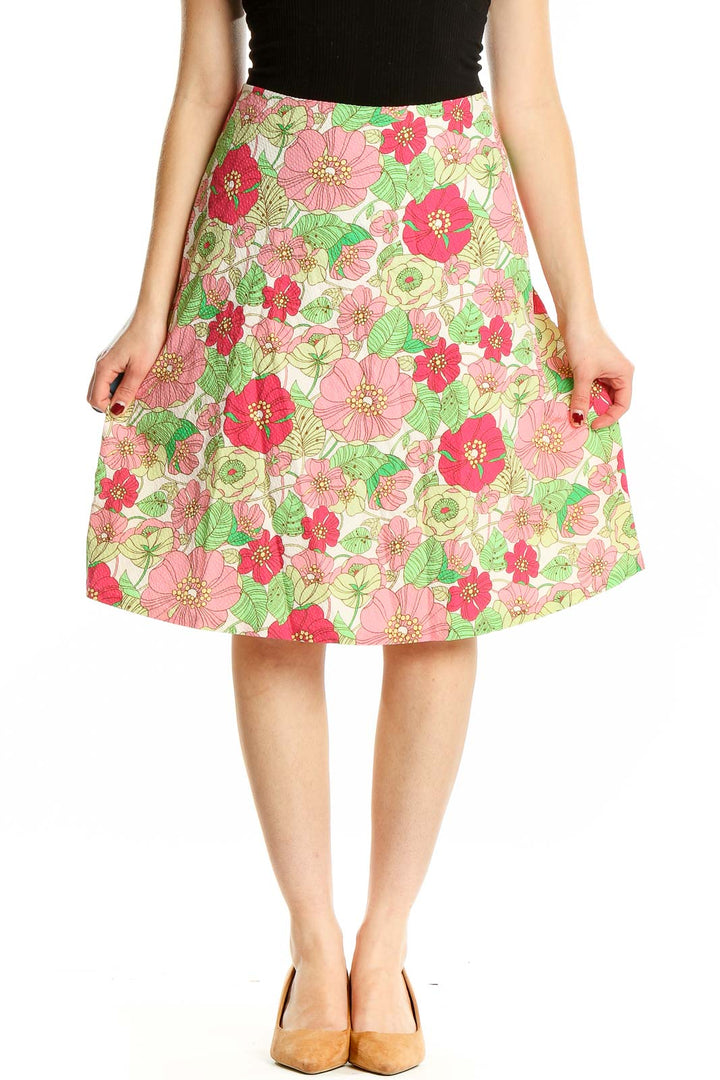 Front view of Gap floral cotton skirt with pink and red blossoms