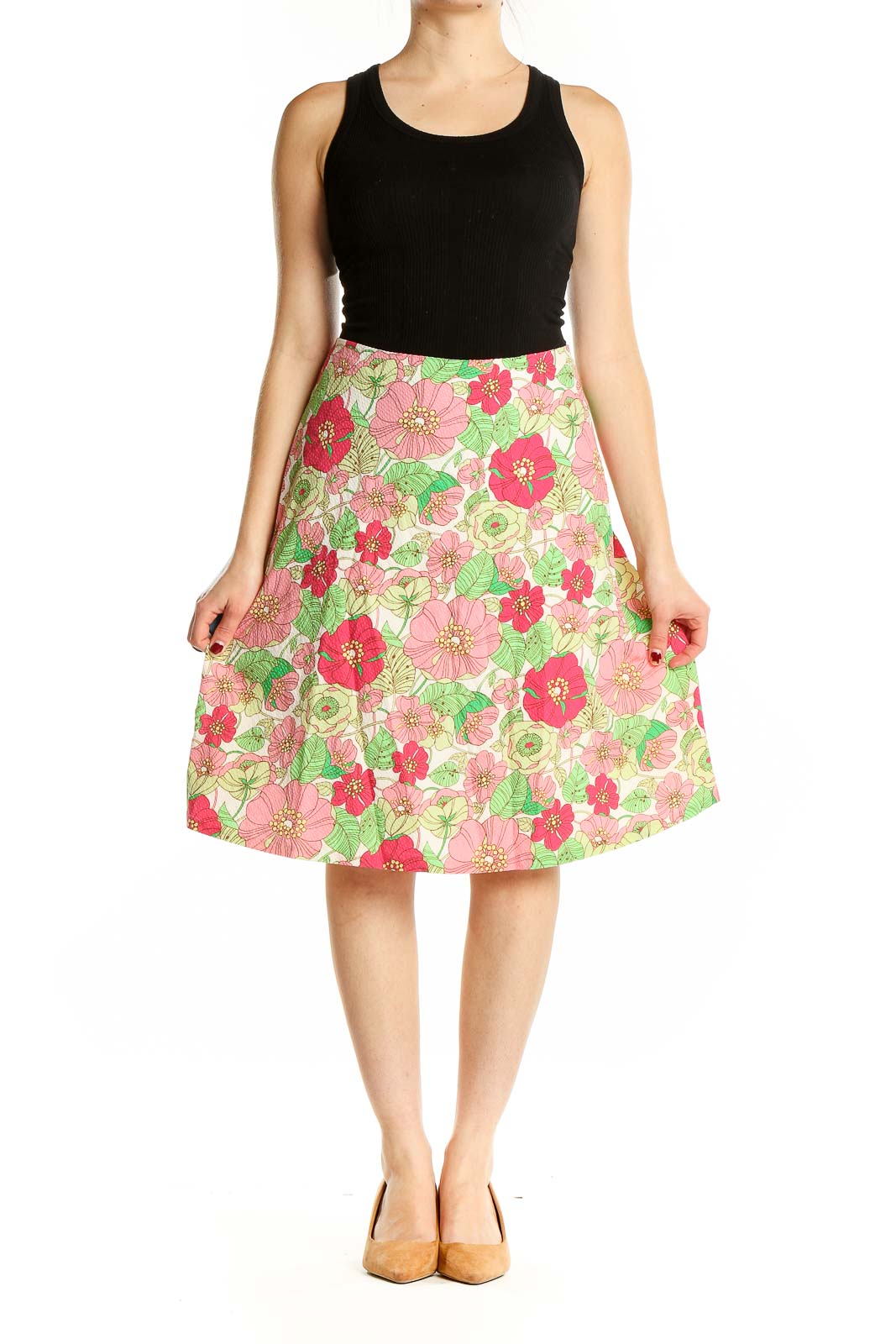 Front view of Gap floral cotton skirt with pink and red blossoms