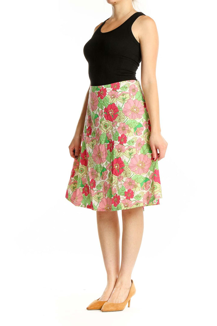 Front view of Gap floral cotton skirt with pink and red blossoms