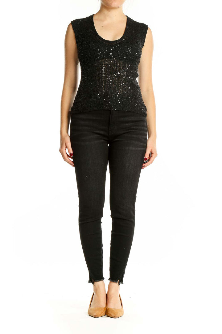 Front view of Adrienne Vittadini black sequined sleeveless silk top