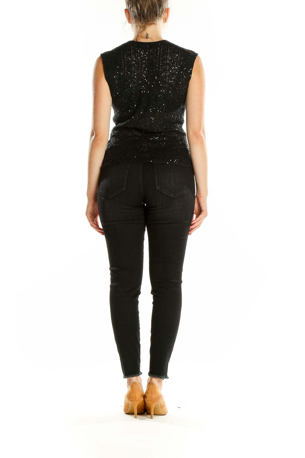 Back view of Adrienne Vittadini black sequined sleeveless silk top