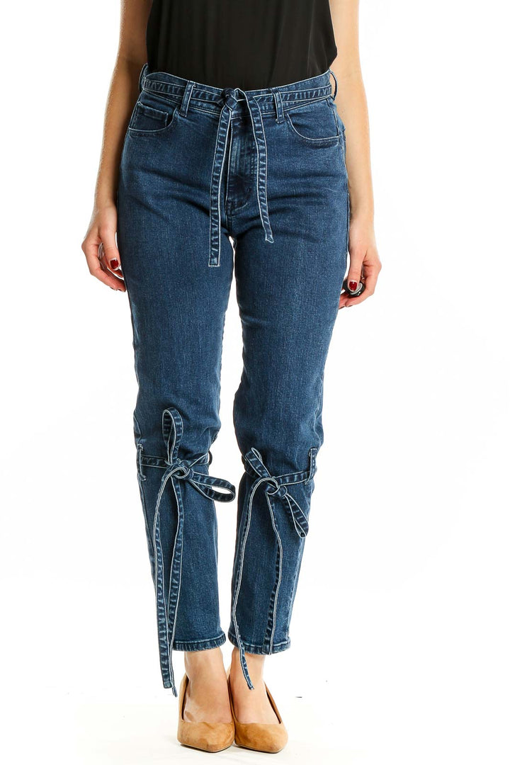 Blue Dark Rinse Tie Detail Zipper Back Jeans