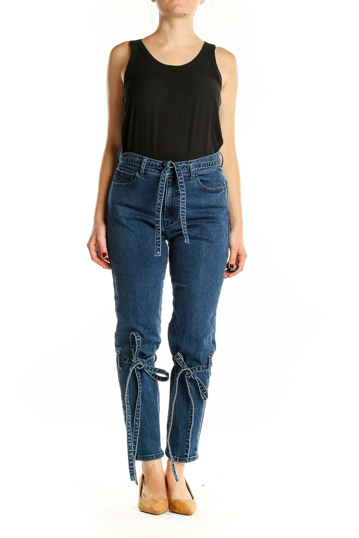 Blue Dark Rinse Tie Detail Zipper Back Jeans