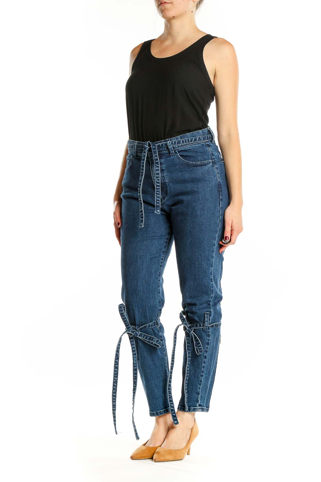 Blue Dark Rinse Tie Detail Zipper Back Jeans