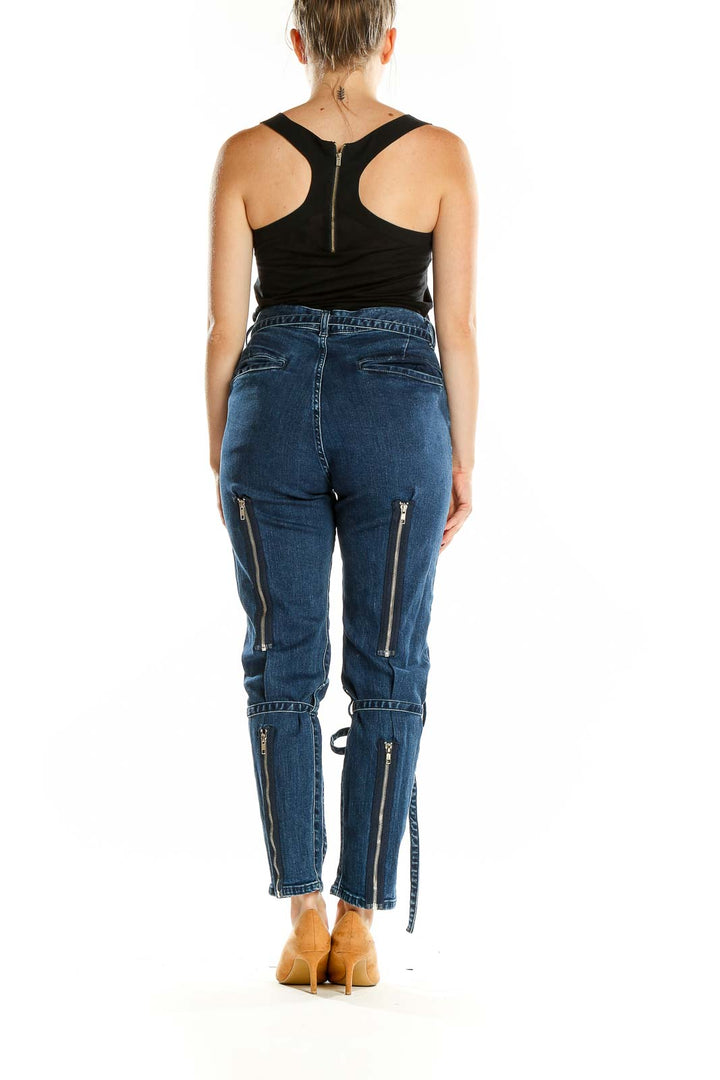 Blue Dark Rinse Tie Detail Zipper Back Jeans