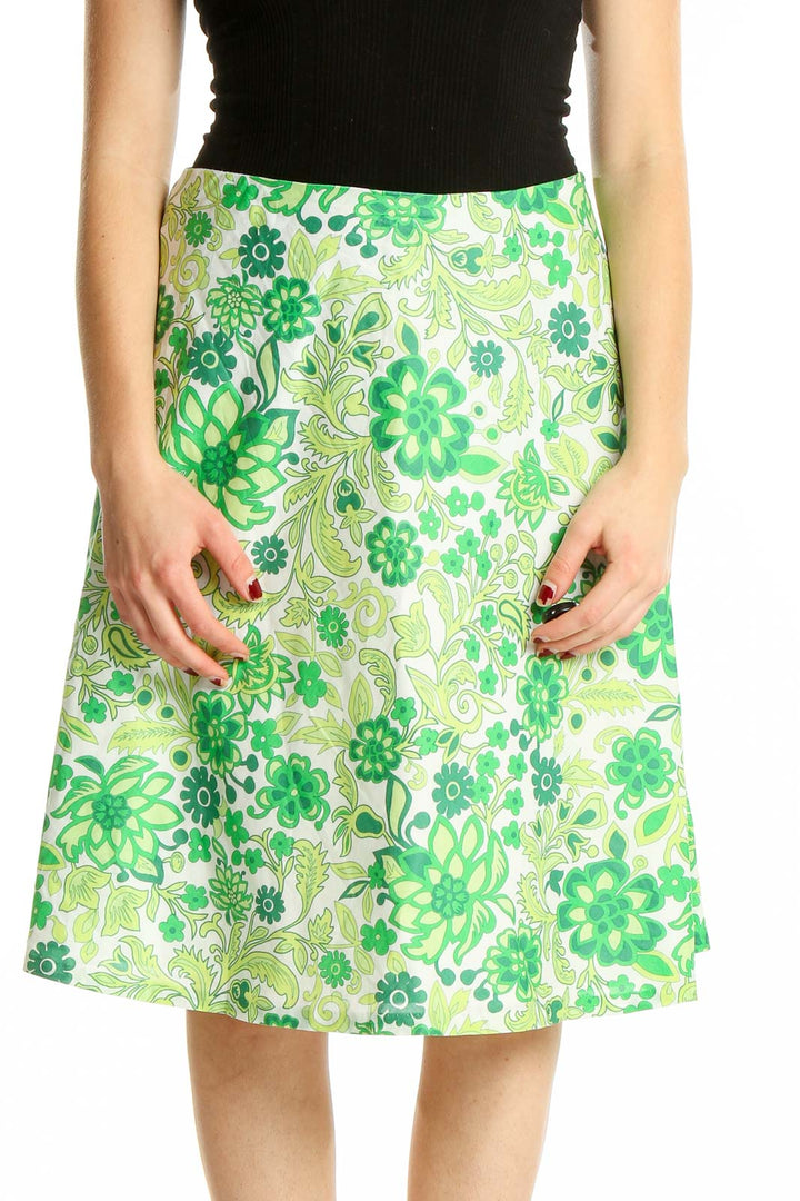 Front view of Gap Green Floral Cotton A-Line Skirt with vibrant floral pattern