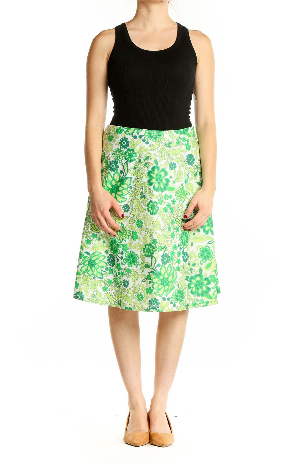 Front view of Gap Green Floral Cotton A-Line Skirt with vibrant floral pattern