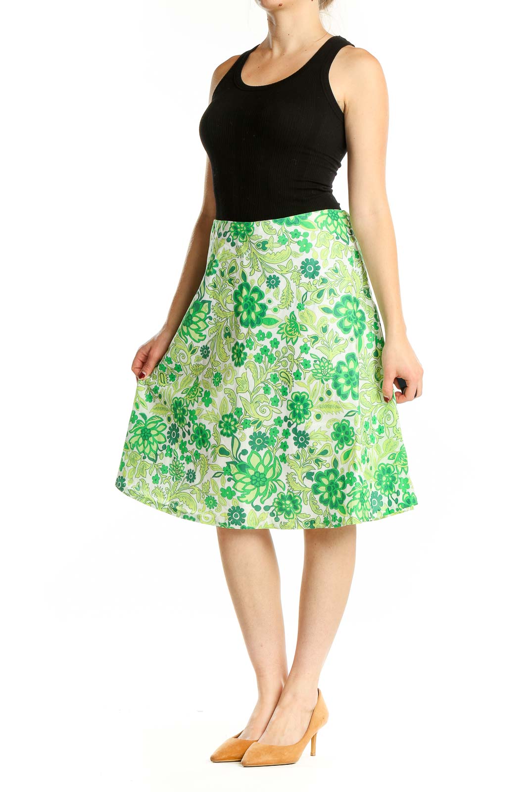 Front view of Gap Green Floral Cotton A-Line Skirt with vibrant floral pattern