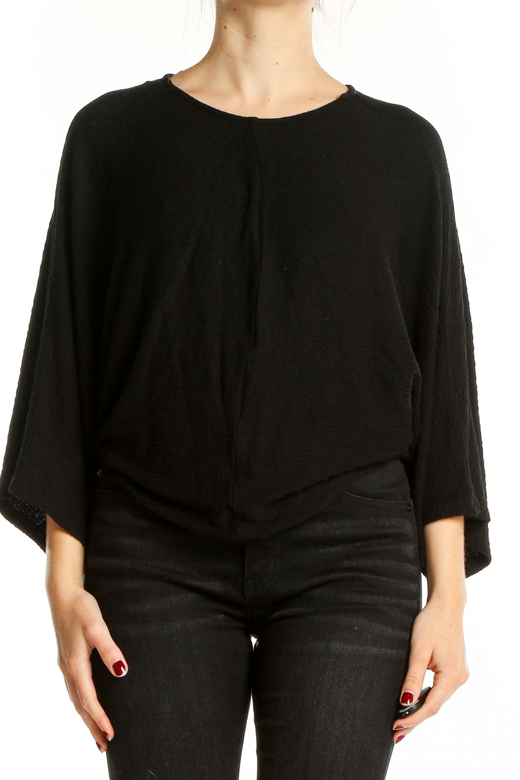 Front view of black Maeve top with batwing sleeves