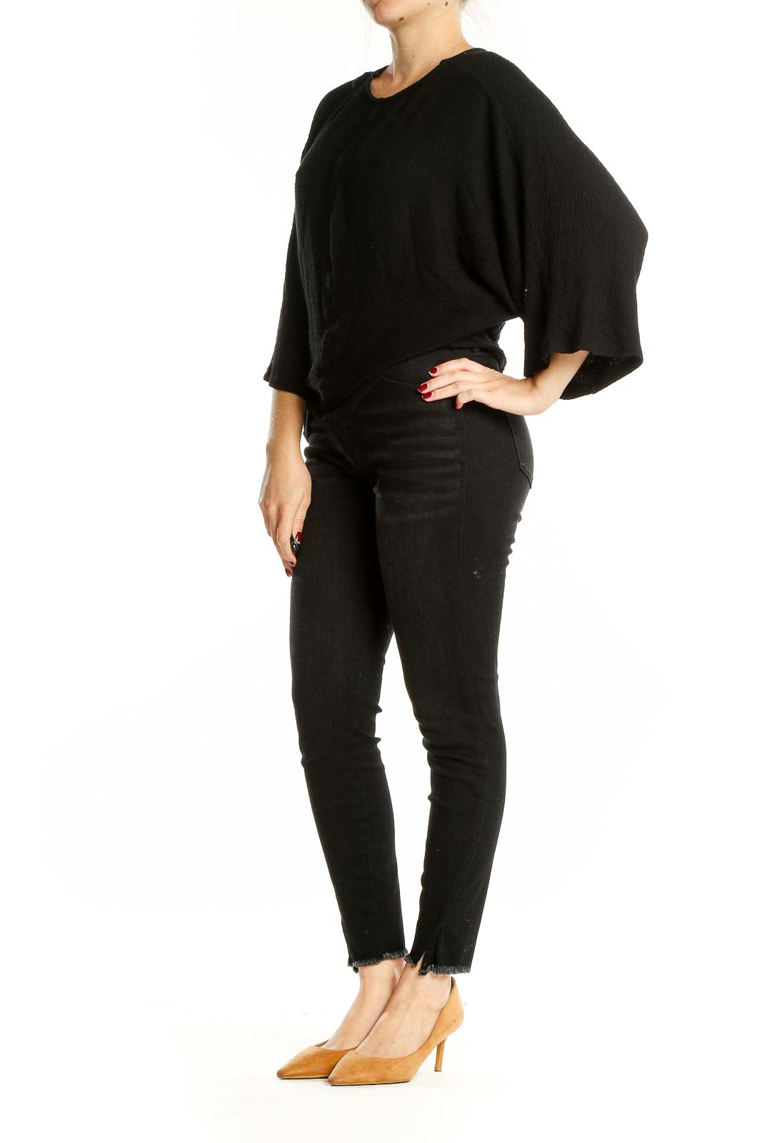 Front view of black Maeve top with batwing sleeves