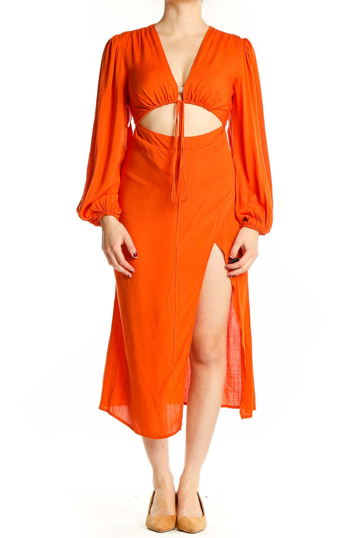 Front view of orange rayon midi dress with cutout waist and side slit