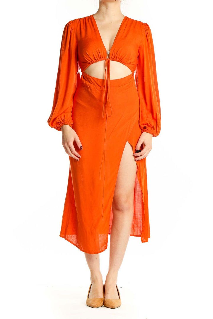 Front view of orange rayon midi dress with cutout waist and side slit