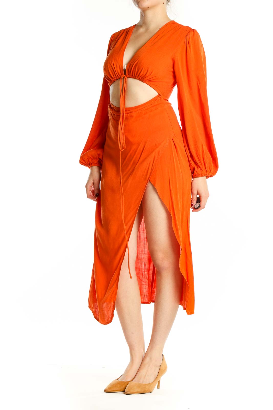 Front view of orange rayon midi dress with cutout waist and side slit