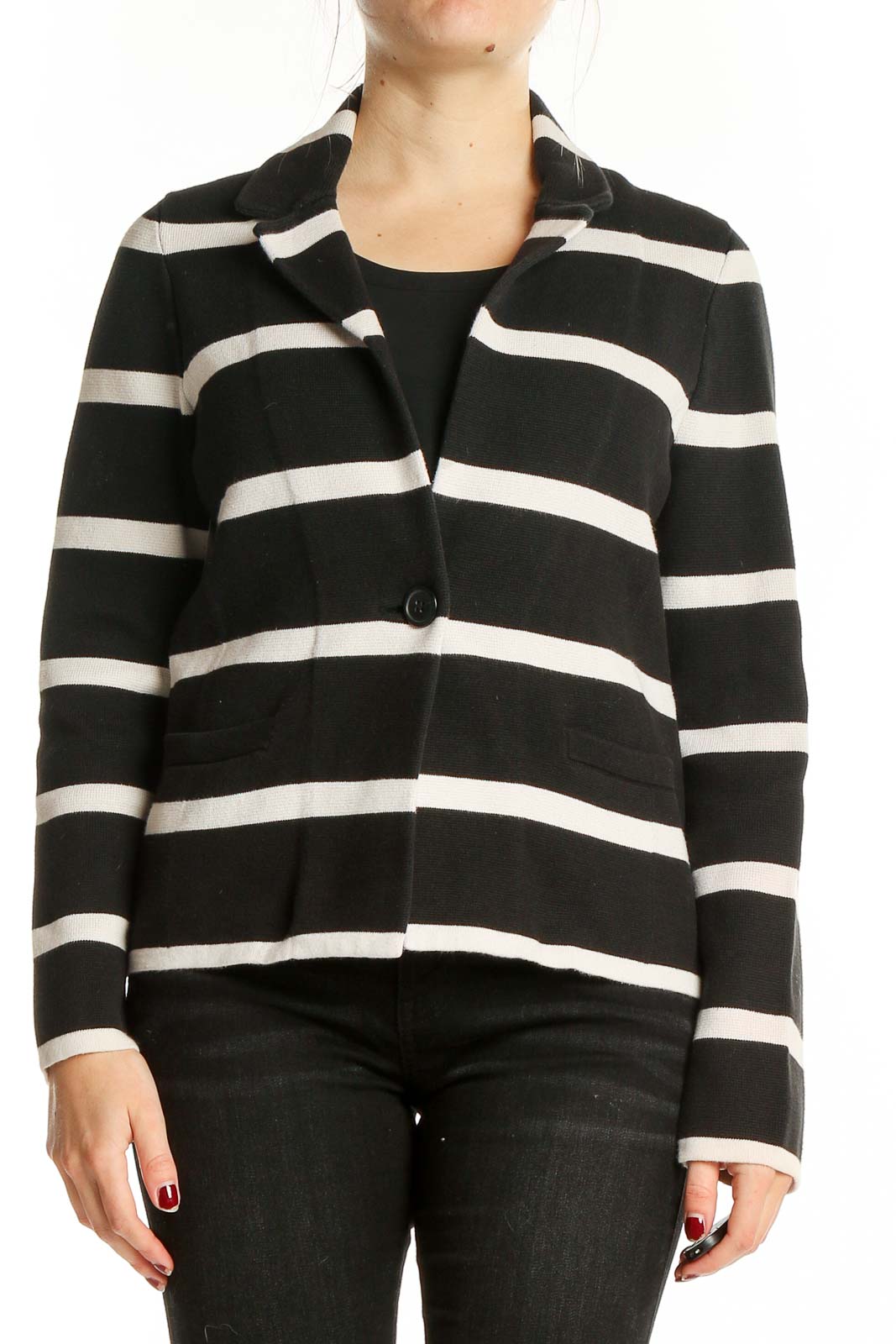 Front view of Ann Taylor black and white striped cotton jacket