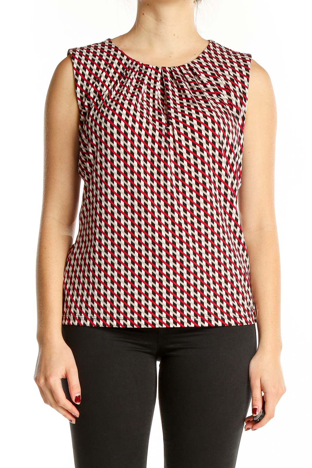 Front view of Calvin Klein red and white geometric print sleeveless top