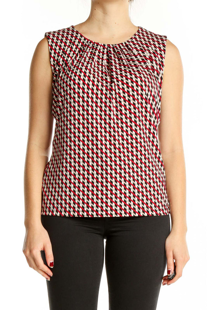 Front view of Calvin Klein red and white geometric print sleeveless top