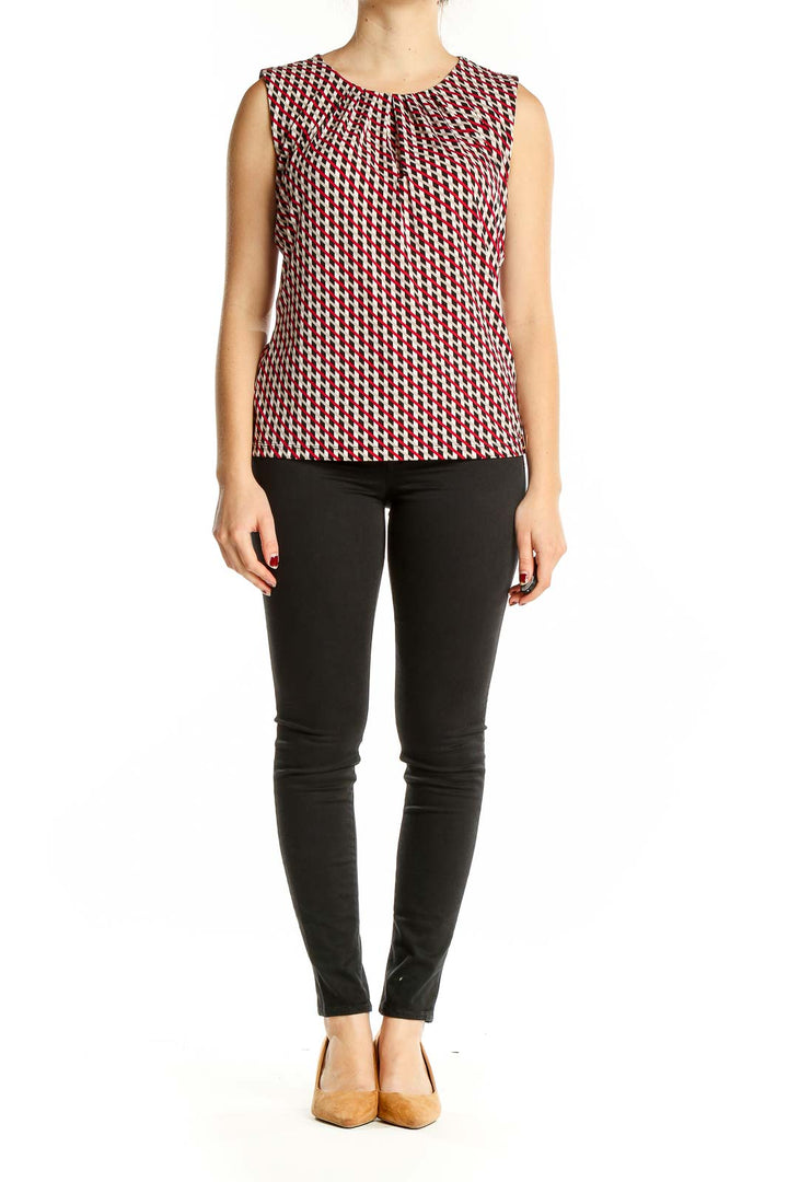 Front view of Calvin Klein red and white geometric print sleeveless top