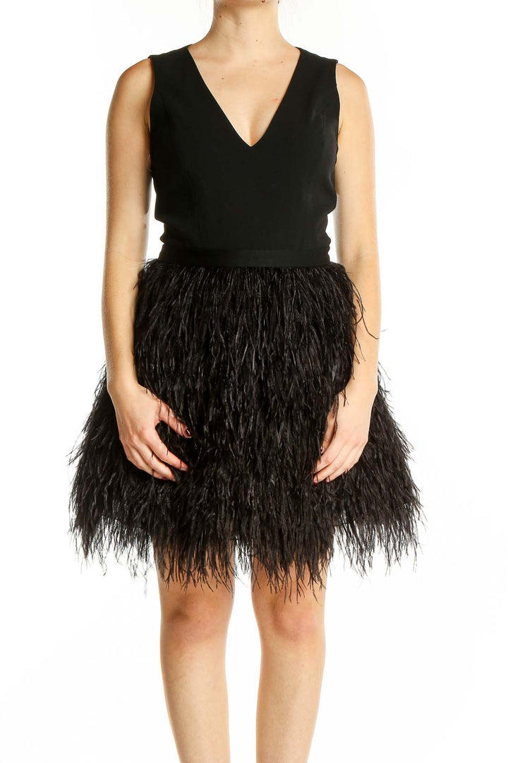 Black Flare V Neck Feather Skirt Dress